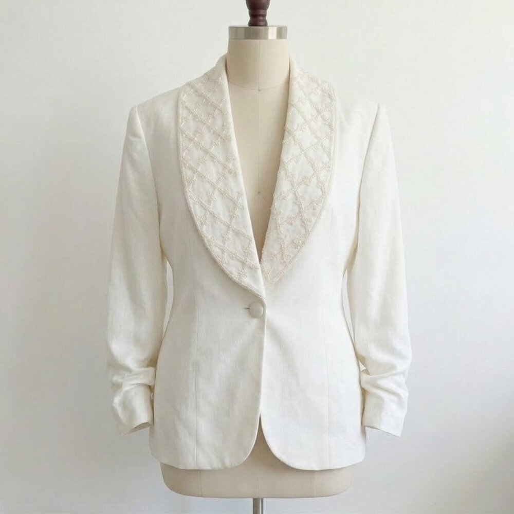 Vintage 80s Emily Wedding Tux Jacket Blazer Beaded Collar Bride Groom Bridal